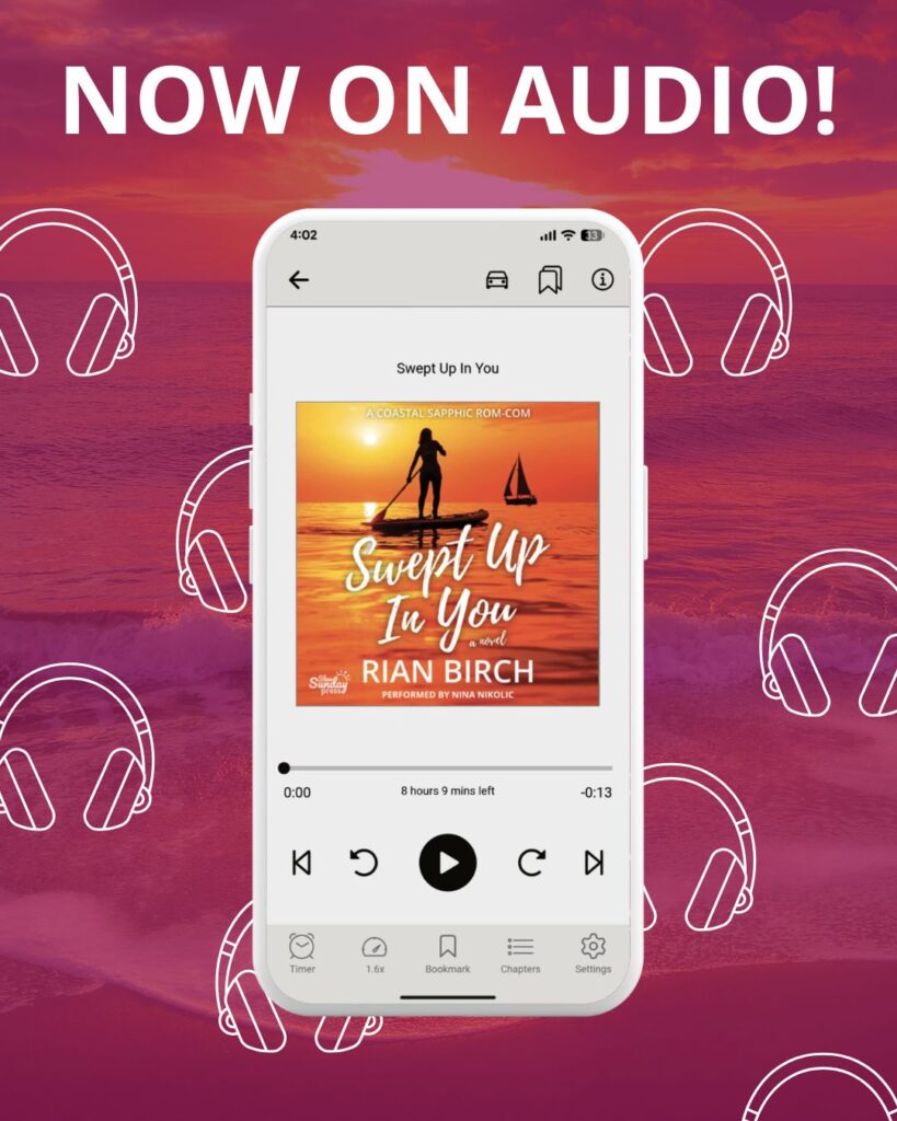 Mockup of iPhone showing audiobook cover for "Swept Up In You" by Rian Birch.